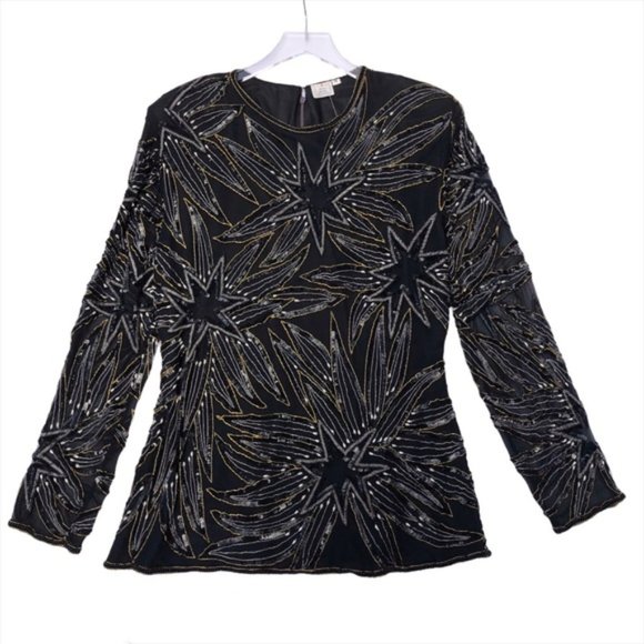 Vintage 80s Sequin Beaded Evening Formal Long Sleeve Blouse - Picture 1 of 9
